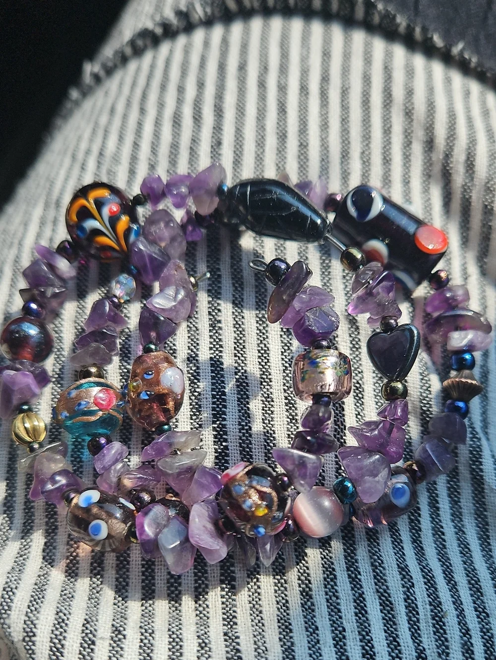 Amythyst And GLASS CATSEYE AND WEDDING CAKE WRAP BRACELET